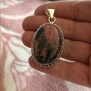 Rhodonite Oval Pendant – Pink & Black Natural Stone